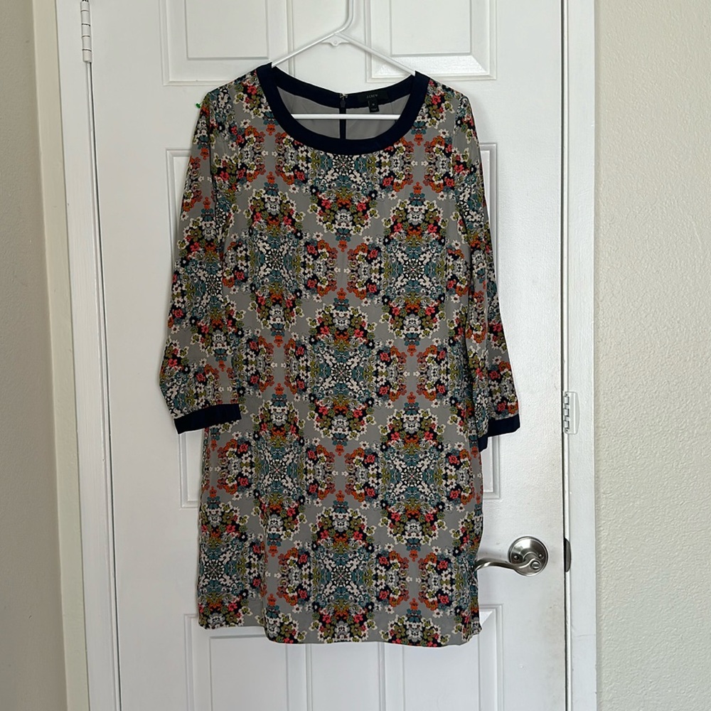 J Crew Blue 100% Silk Floral Medallion 3/4 Sleeve Scoop Neck Dress Size 10